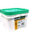 Heavy Duty Three Eighths By Six Inch Exterior Hex Lag Screws For Structural Wood With Low Profile Washer Head Boss Level Grip Clamping Powerlags Bit Included Rust Resistant Bulk 150 Count From SPAX in a white container with a green lid.