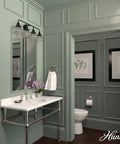 Bathroom with Cypress Grove 4 Light Natural Black Iron Vanity Light With Clear Holophane Glass Shade above the mirror.