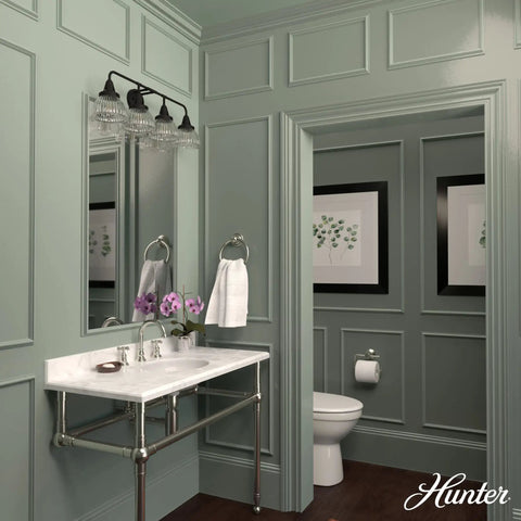 Bathroom with Cypress Grove 4 Light Natural Black Iron Vanity Light With Clear Holophane Glass Shade above the mirror.