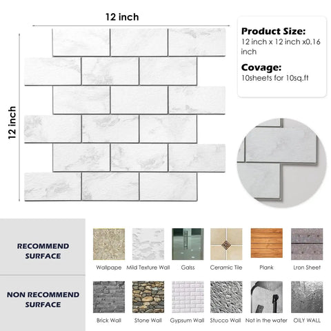 Stone White Peel And Stick Backsplash Tiles For Kitchen And More 12x12 Inch Self-Adhesive Subway Wall Tiles Easy Cut With Knife Heat Resistant Behind Stove Rent-Friendly DIY For Bathroom Fireplace Laundry, 12x12 inch displayed with recommended surfaces