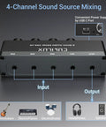 4 Channel Ultra Low Noise Mini Audio Mixer With 3.5mm Input for guitars, bass, keyboards; USB powered stereo for sub mixing.