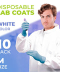 Disposable Lab Coats For Adults Pack Of 10 Lightweight 60gsm Microporous Long Sleeve White With Elastic Cuffs Hook And Loop Closure Mandarin Collar No Pockets Breathable All Day Comfort Medical Gowns, man wearing lab coat
