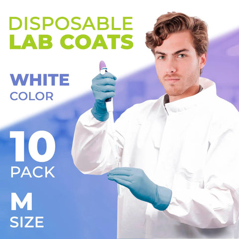 Disposable Lab Coats For Adults Pack Of 10 Lightweight 60gsm Microporous Long Sleeve White With Elastic Cuffs Hook And Loop Closure Mandarin Collar No Pockets Breathable All Day Comfort Medical Gowns, man wearing lab coat