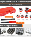 Ratcheting Pipe Threader Kit With Six Dies For One Quarter, Three Eighths, One Half, Three Quarters, One, And One And Quarter Inch Pipes, Heavy Duty Threading Tool Set With Durable Storage Case shown with dies, storage case, and handle
