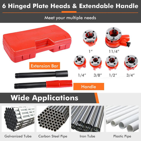 Ratcheting Pipe Threader Kit With Six Dies For One Quarter, Three Eighths, One Half, Three Quarters, One, And One And Quarter Inch Pipes, Heavy Duty Threading Tool Set With Durable Storage Case shown with dies, storage case, and handle