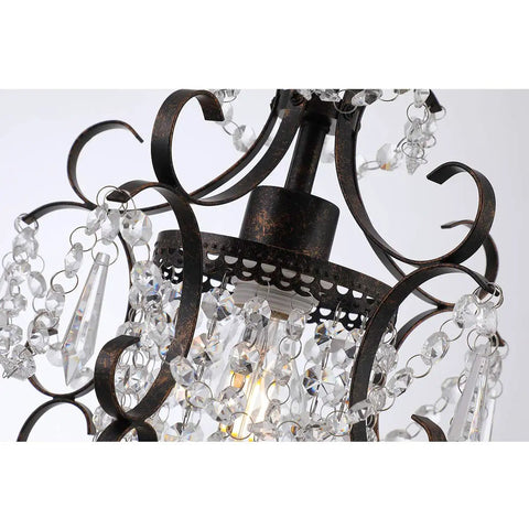 Detail view of Chic Mini Bronze Chandelier 1 Light 11 Inch Crystal Ceiling Fixture, ornate bronze frame with crystal accents.