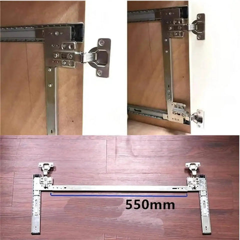 Heavy Duty Full Extension Drawer Slides For Swing Doors Space Saving Folding Track with slick metal hinges, 550mm length.