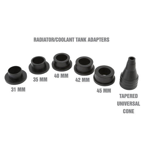 Radiator/coolant adapter set with six black rubber bushings (31–45 mm) and a tapered universal cone