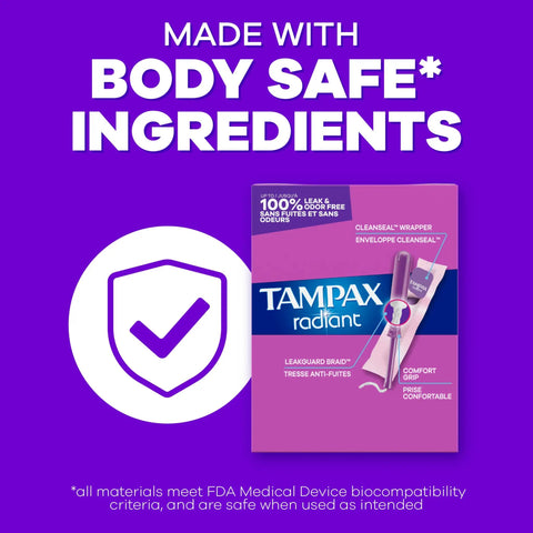 Packaging of Radiant Tampons For Women Multipack With LeakGuard Braid, Unscented, 112 Count emphasizing body-safe ingredients.
