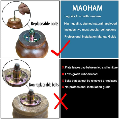 Comparison of replaceable and non-replaceable bolts for 8 Inch Black Wood Furniture Legs For Sofa Couch Chair Bed Dresser And Cabinet Beefy Solid Eucalyptus Wood Replacement Feet With Easy Install Sturdy Turned Legs For Height Boost.