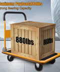 Platform Truck Foldable Push Cart Heavy Duty 880 Lb Capacity with 2 Ropes Yellow 35.8 by 24 by 34.3 Inches with wooden crate