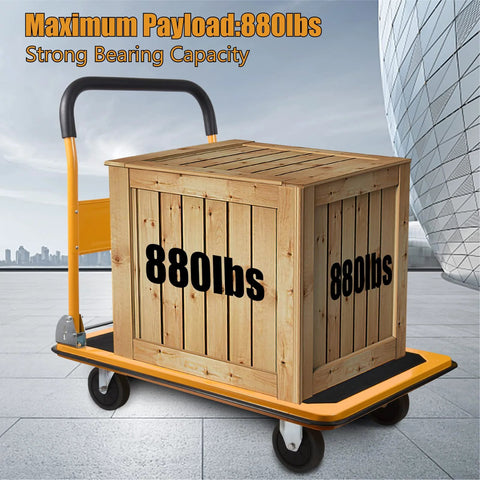 Platform Truck Foldable Push Cart Heavy Duty 880 Lb Capacity with 2 Ropes Yellow 35.8 by 24 by 34.3 Inches with wooden crate