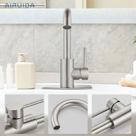 Single Hole Bathroom Faucet With 360 Degree Swivel Spout, 304 Stainless Steel, Brushed Nickel Finish, Pop Up Drain And Deck Plate