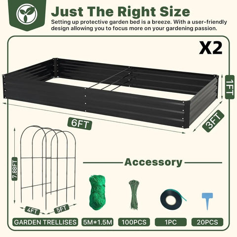 Galvanized Raised Garden Bed With Trellis, 6 By 3 By 1 Ft, Two Pack Outdoor Garden Beds, black metal frame, trellis supports.