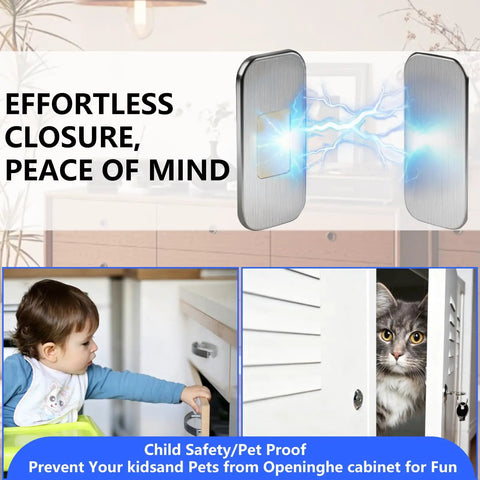 Ultra Thin Magnetic Cabinet Door Catch Kit 12 Pack With Adhesive Mounting, stainless steel latch and child safety feature.