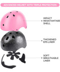 All In One Kid Friendly Protective Gear Set With Adjustable Bike Helmet And Knee Pads For Ages 3 To 10 Safe For Bike Riding Roller Skating Scooters Girls Or Boys Pink helmet layers showing impact-resistant shell, EPS liner, and breathable liner.