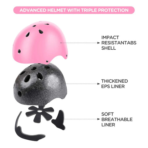 All In One Kid Friendly Protective Gear Set With Adjustable Bike Helmet And Knee Pads For Ages 3 To 10 Safe For Bike Riding Roller Skating Scooters Girls Or Boys Pink helmet layers showing impact-resistant shell, EPS liner, and breathable liner.