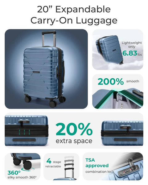 Blue BAGSMART 20-inch expandable carry-on luggage with spinner wheels and TSA lock