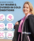 Woman wearing Mens Waterproof Swim Parka With Hooded Poncho For Beach Or Pool, showing waterproof and windproof features, Size L.