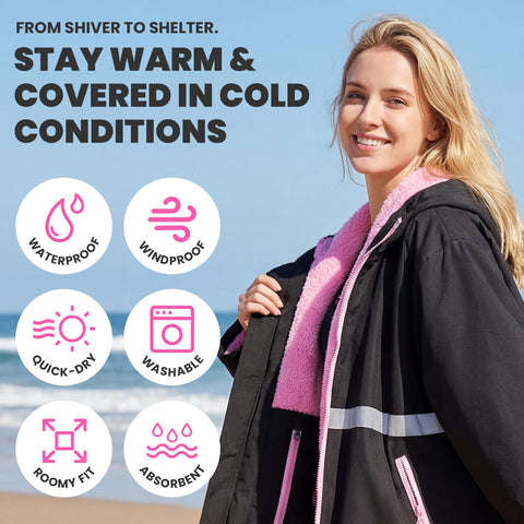 Woman wearing Mens Waterproof Swim Parka With Hooded Poncho For Beach Or Pool, showing waterproof and windproof features, Size L.