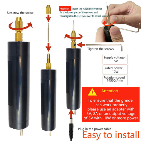 Damaged Screw Removal Kit For Phones And Laptops, USB 5V powered electric screw cutter, shown with 4 size heads and installation instructions visible
