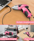 Straight Up Handy Compact Cordless Screwdriver With Forward Reverse Control For Quick Home Repairs And Furniture Setup Nifty Small Pink Power Tool With Ergo Grip Handle charging via power bank and laptop.