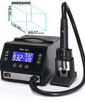 Powerful 1000W Touch Screen Rework Station with digital display and soldering handpiece shown, dimensions highlighted.