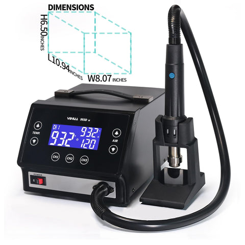 Powerful 1000W Touch Screen Rework Station with digital display and soldering handpiece shown, dimensions highlighted.