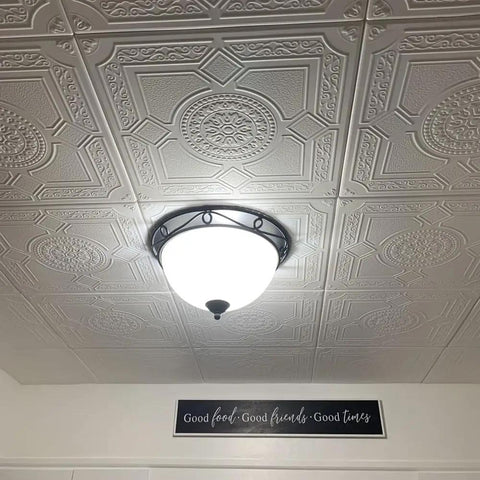 No Sweat Glue Up Foam Ceiling Tiles EZ Install Hides Popcorn Texture Fast Lightweight Styrofoam ceiling design with light fixture.