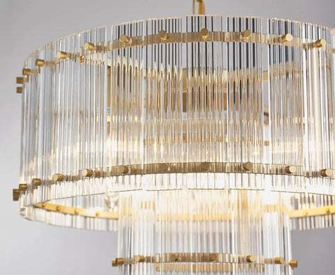Close-up of Drum Glass Chandelier For Dining Room With 7 Light Gold Pendant Lighting Fixture Jaw Dropping Double Layer Design Ripple Glass Shades.