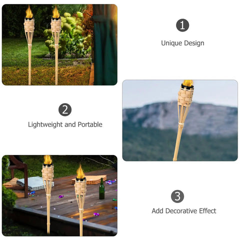 Natural Bamboo Tiki Torch Outdoor Set 2 Pack With Decorative Woven Design for Outdoor Parties and Weddings Lighting
