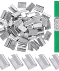 Open Snap-On 5 by 8 Inch Metal Buckle Seals Pack for Strapping and Pallet Banding, 100 Pcs Serrated Steel Clips shown