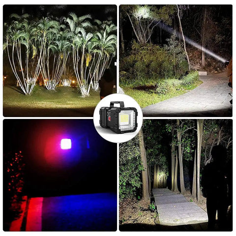 Beast Mode Ultra Bright Rechargeable Spotlight Flashlight 20000mAh 4000LM illuminating trees and pathways at night