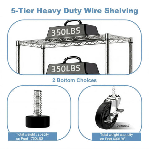 Five Tier Wire Shelving Unit With Wheels Beefy Heavy Duty Metal Storage Rack weight capacity details and bottom choices