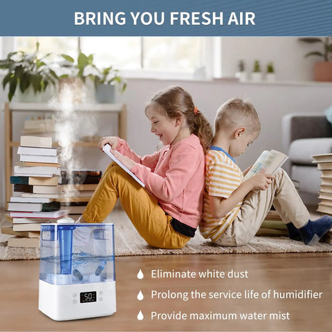 Children reading beside a humidifier using 20 Pack Demineralizer Cartridges For Ultrasonic Humidifiers Replacement Tablets