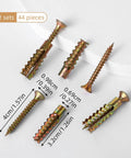 20 Pack Heavy Duty Concrete Anchors And Screws Kit For Hollow Walls, gold metal anchors and screws on white surface showing dimensions
