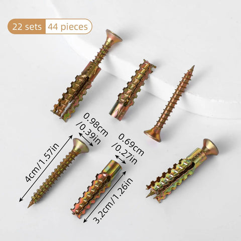 20 Pack Heavy Duty Concrete Anchors And Screws Kit For Hollow Walls, gold metal anchors and screws on white surface showing dimensions