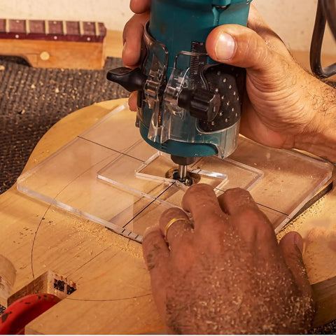 Pro Tier 3 Pack Bow Tie Inlay Router Template Kit with acrylic guide in use on wooden surface for butterfly key repair.