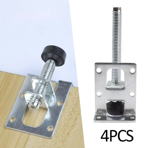 Four Piece L Shaped Adjustable Leveling Feet For Furniture With Lock Nuts Metal Mount And Rubber Base 102mm Bolt Floor Safe Built Tough For Cabinets Tables And Workbenches. 4PCS adjustable steel foot with rubber base on wooden panel