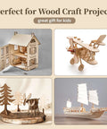 Balsa wood craft models set: four unfinished wood projects - dollhouse, airplane, moose forest scene, sailing ship.