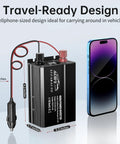 Top Shelf 400W DC To AC Car Power Inverter With 700 Watt Peak Juice and Hella Reliable Dual USB Fast Charging Ports next to smartphone for size comparison.