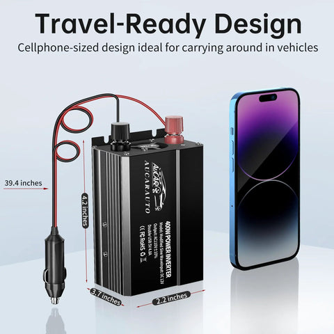 Top Shelf 400W DC To AC Car Power Inverter With 700 Watt Peak Juice and Hella Reliable Dual USB Fast Charging Ports next to smartphone for size comparison.