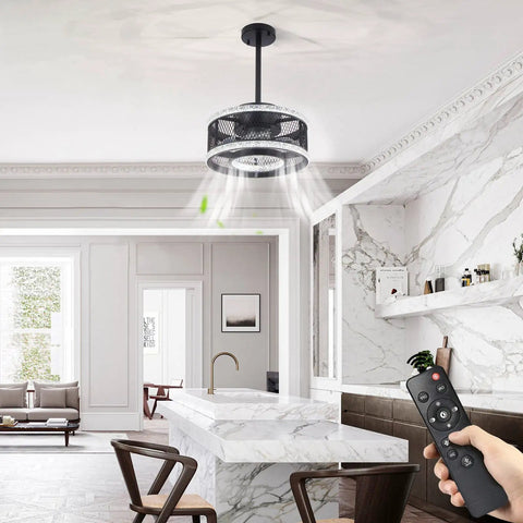 Industrial Caged Low Profile Ceiling Fan With Remote And Dimmable Three Color LED Lights For Bedroom Kitchen Dining Room Farmhouse Style Dope Look Pendant Or Flush Mount Energy Efficient in a modern kitchen setting