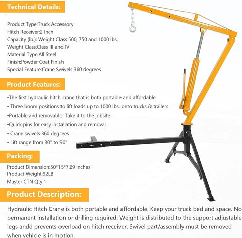 1000 Lb Hydraulic Truck Bed Crane With 360 Degree Swivel Hitch, Three Adjustable Booms, Beefy Pickup Hoist, Yellow, Technical Details