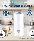 White 2 In 1 Milk Frother And Steamer For Lattes And More, Electric Foam Maker With Dual Whisk Heads, in a kitchen setting