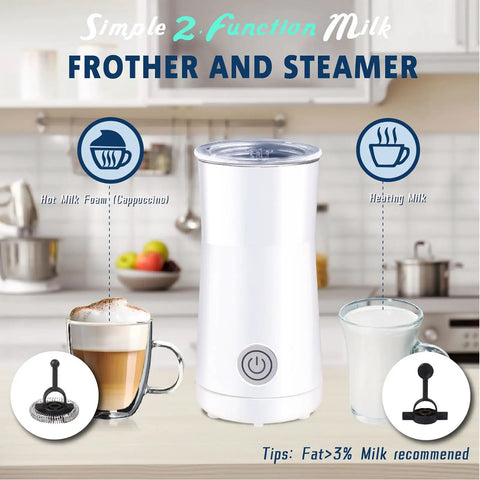 White 2 In 1 Milk Frother And Steamer For Lattes And More, Electric Foam Maker With Dual Whisk Heads, in a kitchen setting