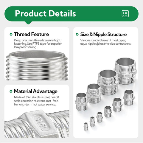 Legit Heavy Duty 316L Stainless Steel Hex Nipple Pipe Fitting Featuring 3/4 Inch Male Npt Dual External Threads For Rig Ready Industrial Pipeline Connections And Dead Reliable Corrosion Resistance display showcasing various sizes and features.