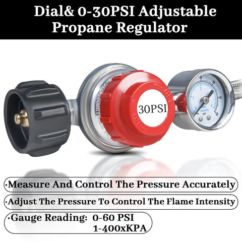 Propane regulator with dial gauge and red adjustment collar, stainless braided hose for gas grills