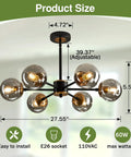Lit Six Light Black Glass Globe Chandelier For Living Room And Kitchen Island, showing dimensions and features.