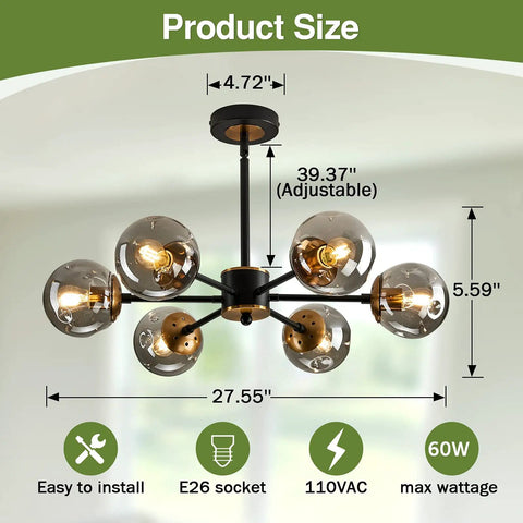 Lit Six Light Black Glass Globe Chandelier For Living Room And Kitchen Island, showing dimensions and features.